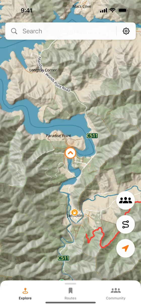 TerraADV's Explore map around Jamieson and Lake Eildon in the Victorian high country, with terrain shading, dirt tracks and a closed road marked in red.